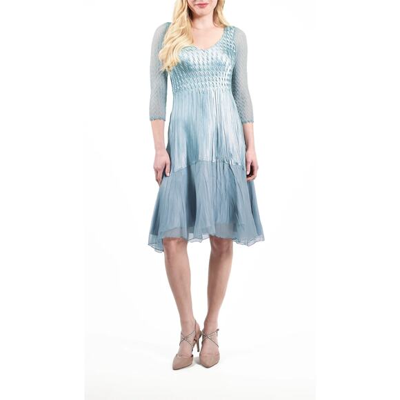 Komarov Charmeuse 3/4 Sleeve Cocktail Dress in River Blue Ombre Women's Med NWT - Picture 1 of 14